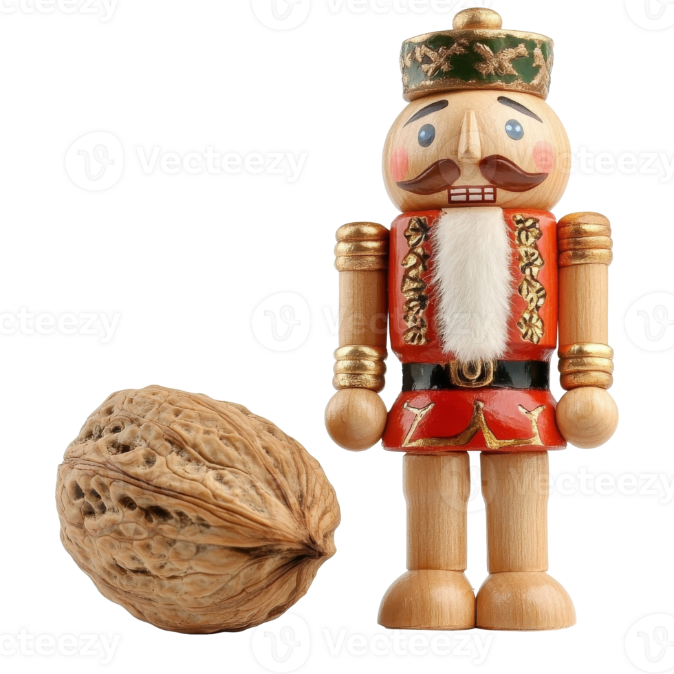Nutcracker stands beside a walnut on a table, cut out transparent png
