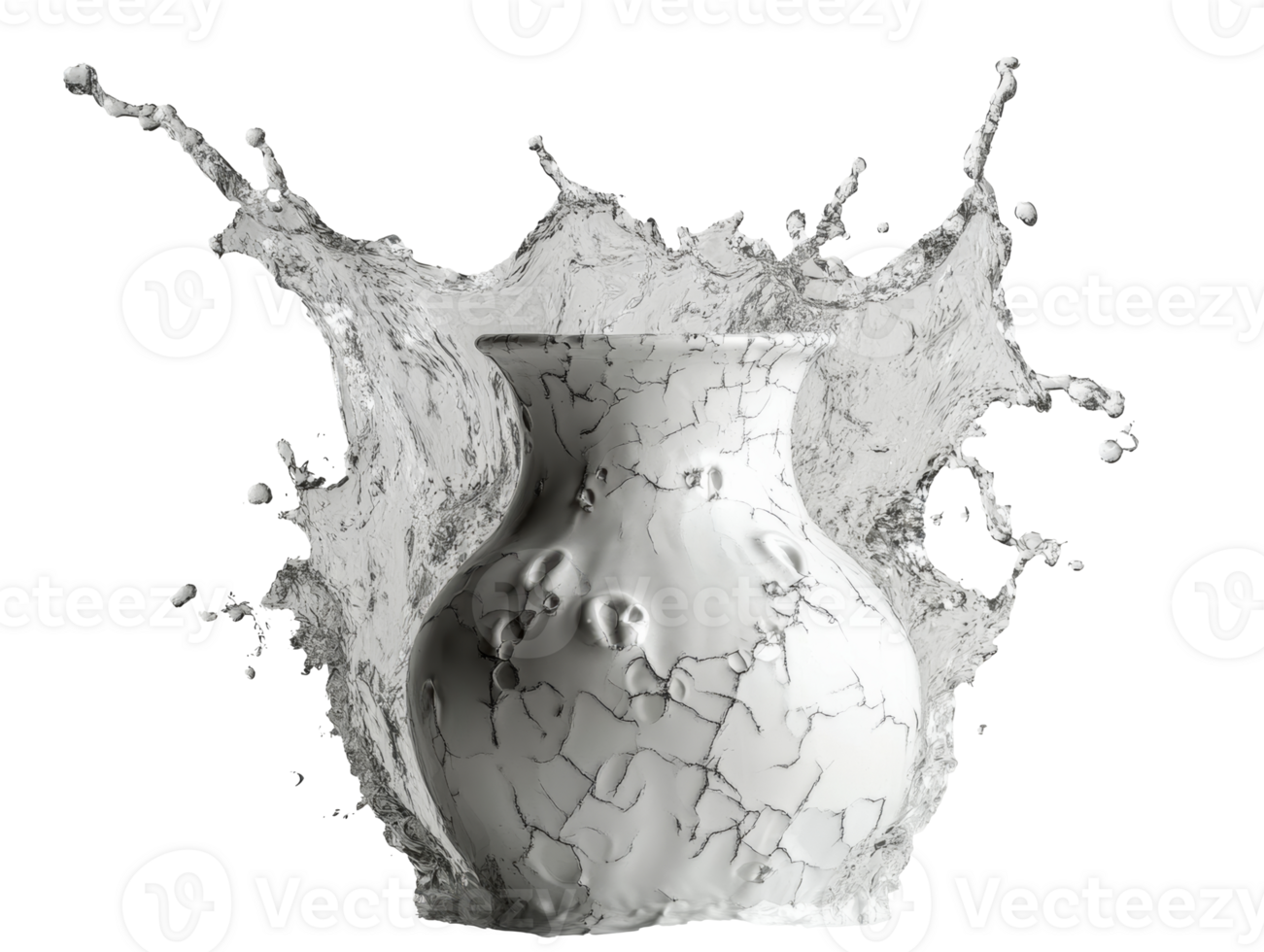 Water splashing around a white cracked vase in art, cut out transparent png