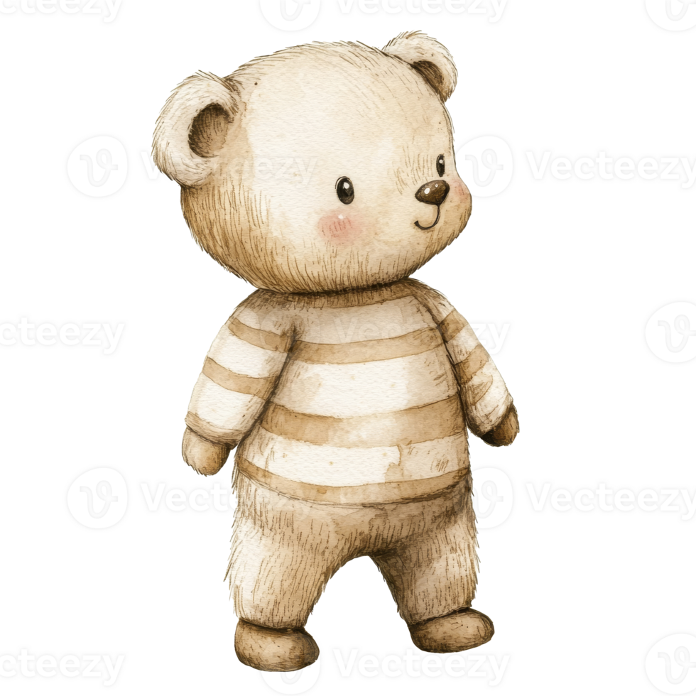 Teddy bear in striped pajamas standing, cut out transparent png