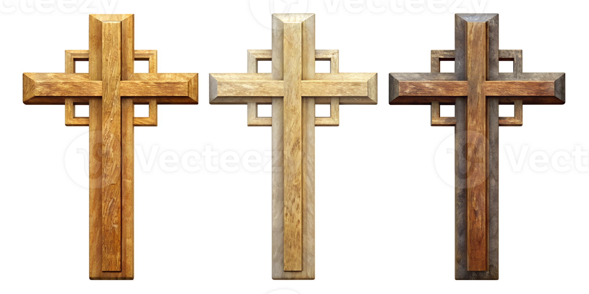 Three wooden crosses in different styles, cut out transparent png