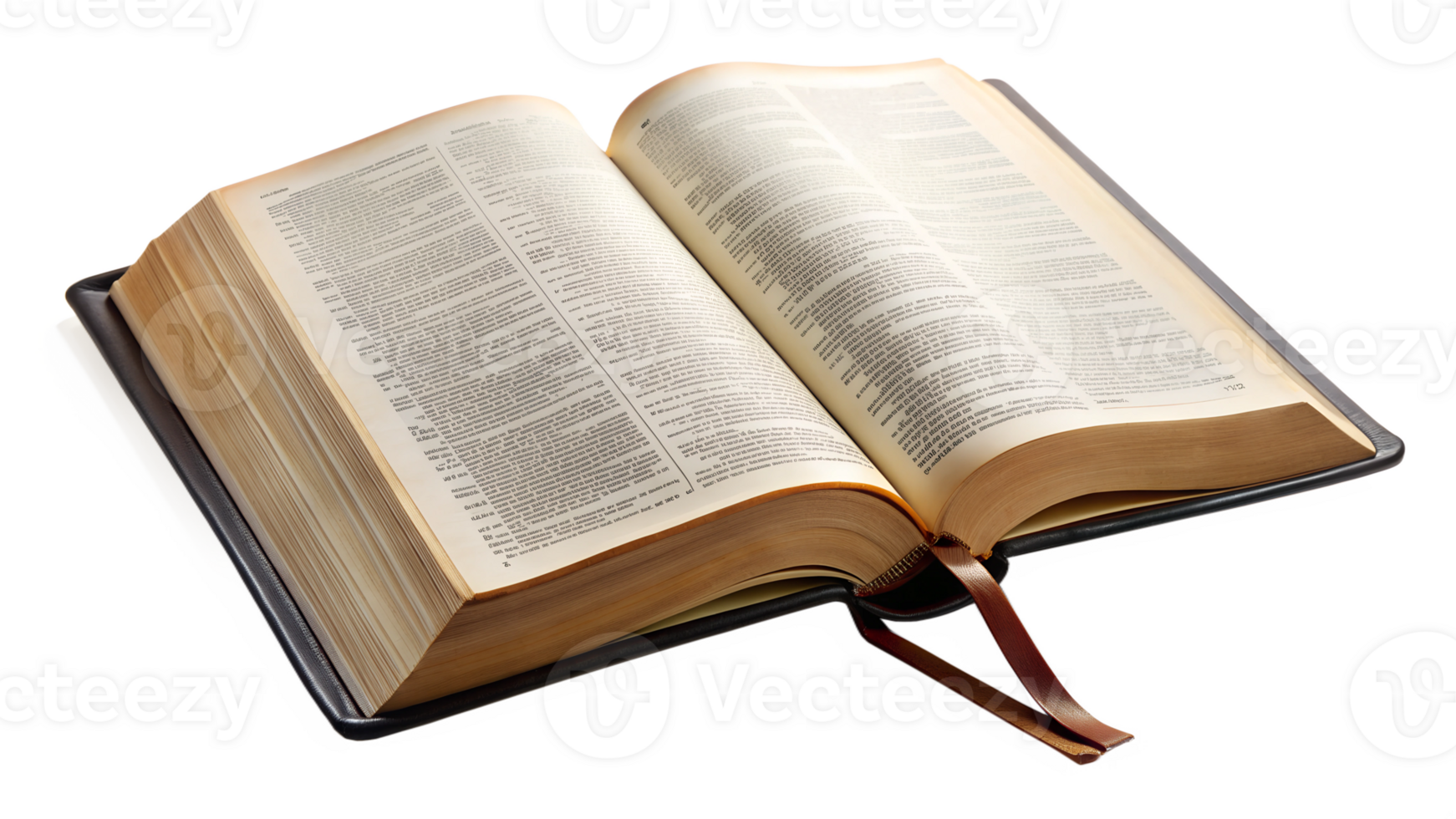 Open book displaying text with yellowed pages, cut out transparent png