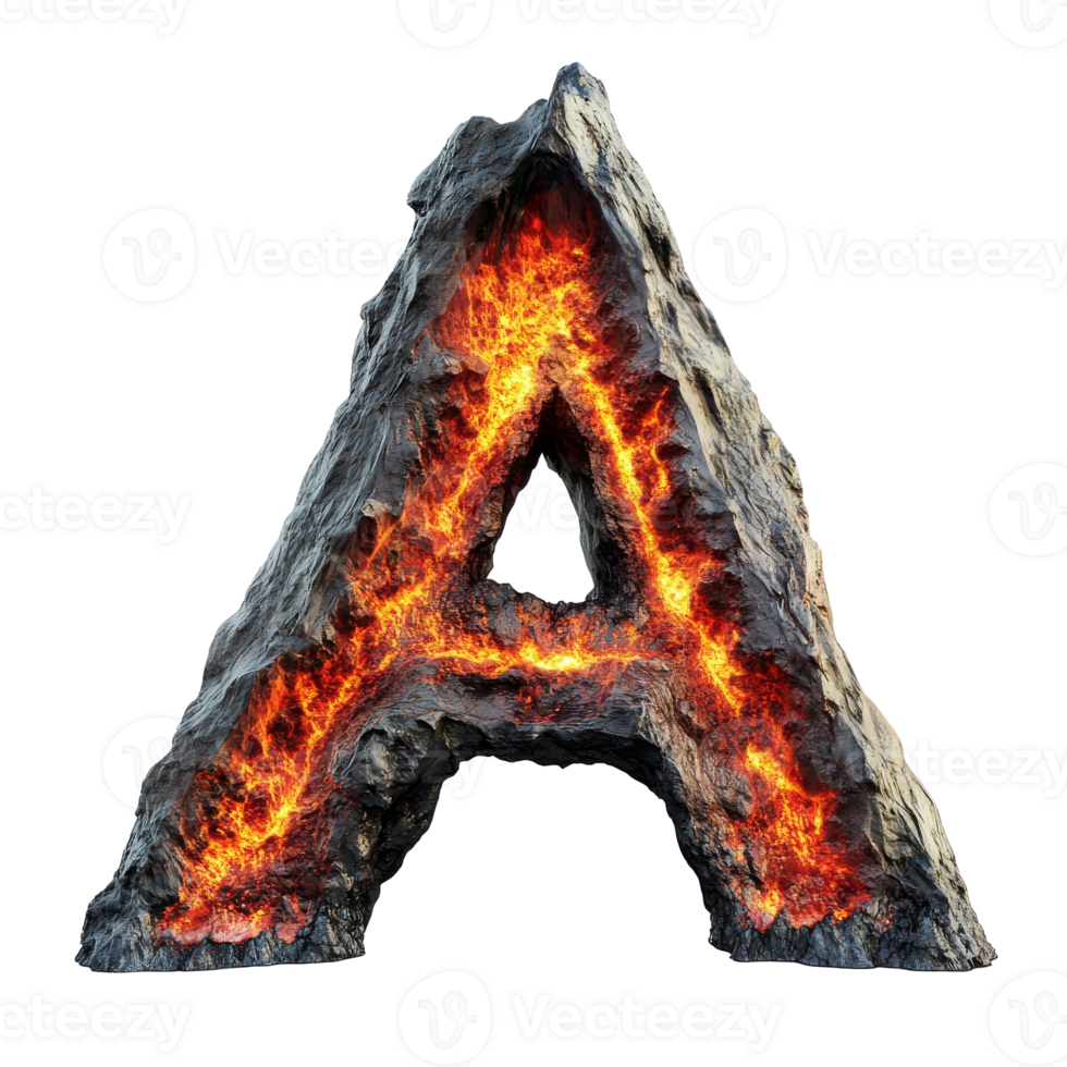 Large fiery letter A formed from molten rock, transparent png