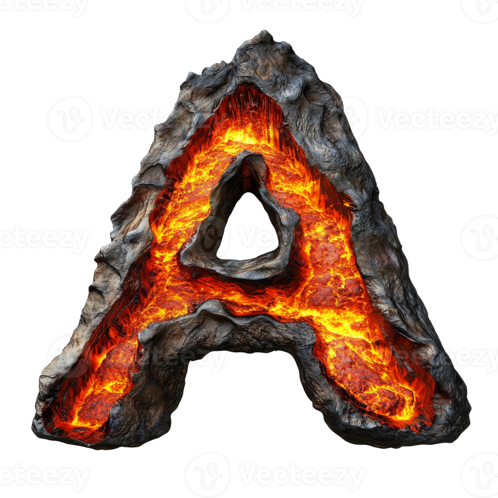 Volcanic letter A with glowing lava effect, transparent png