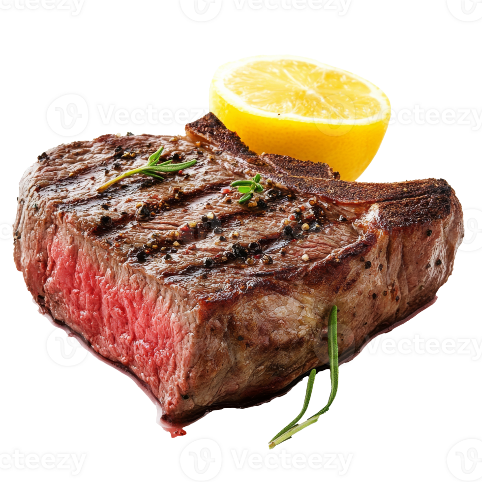 Grilled steak with lemon and herbs for dinner, transparent png