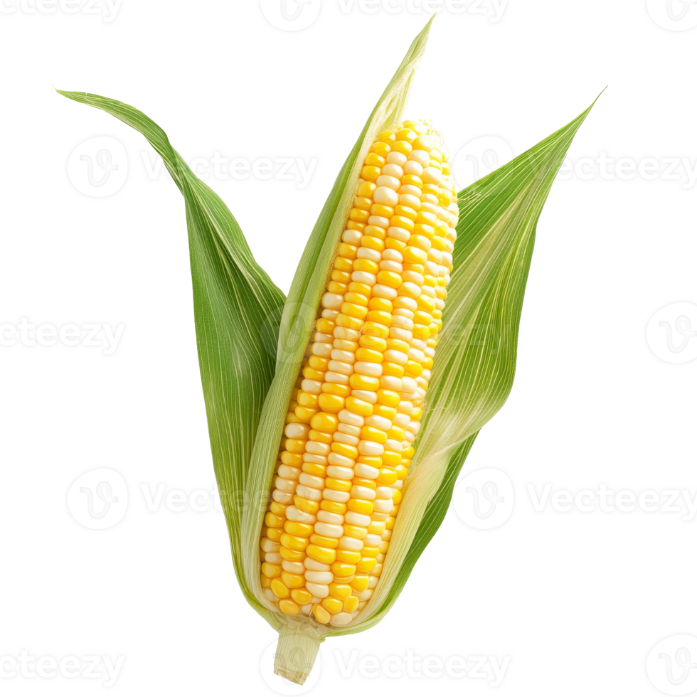 Fresh corn on the cob with green husks displayed, transparent png
