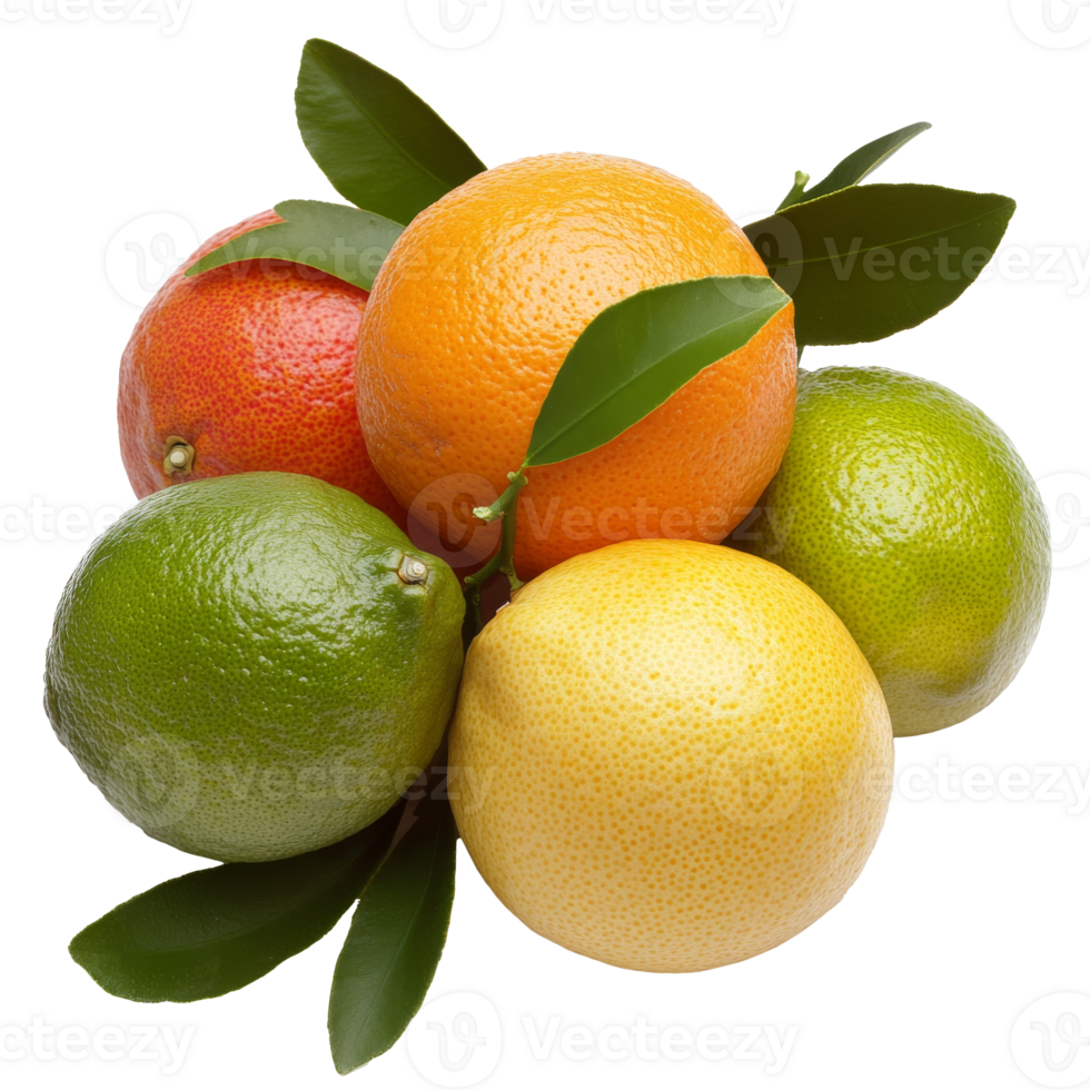 Fresh citrus fruits arranged with green leaves, transparent png
