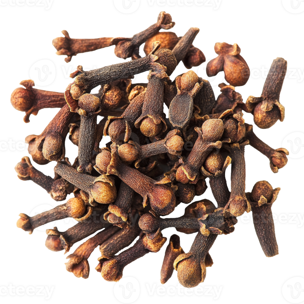 Dried cloves arranged on a white surface, transparent png