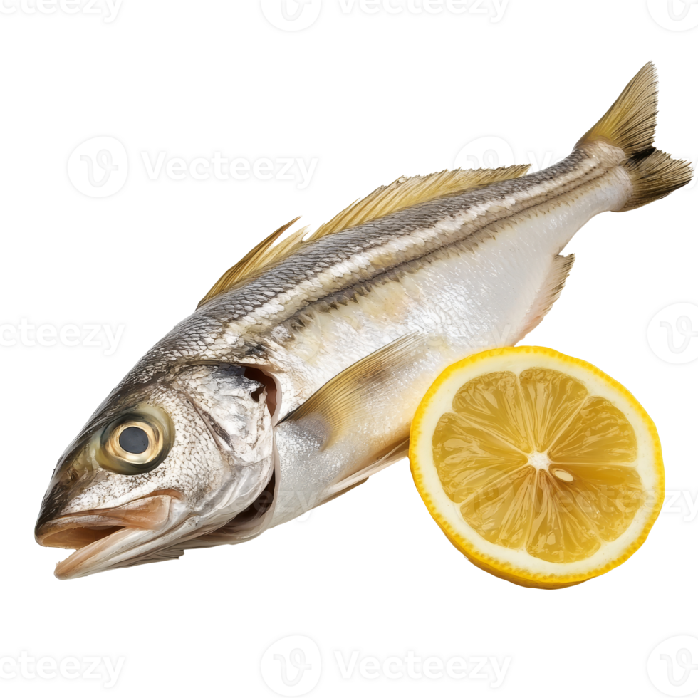 Fresh fish with lemon slice on a white background, transparent png
