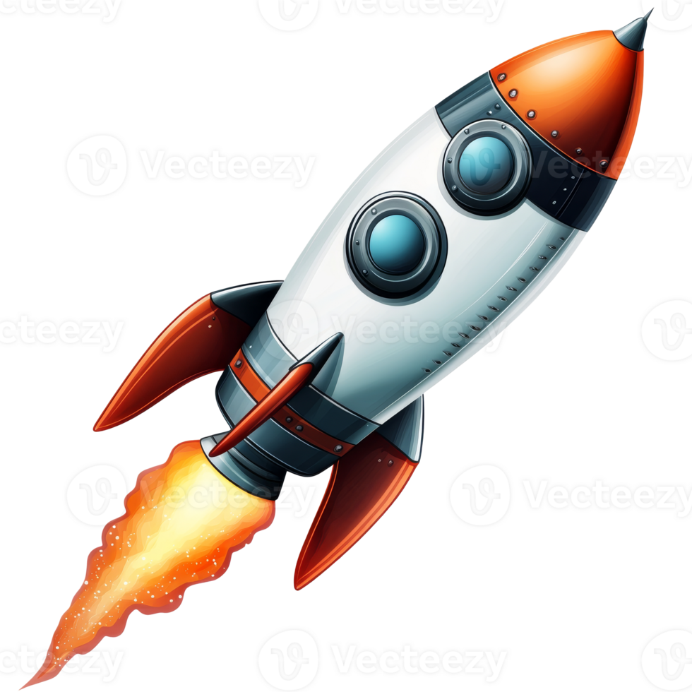 Colorful cartoon rocket launching into the sky, transparent png