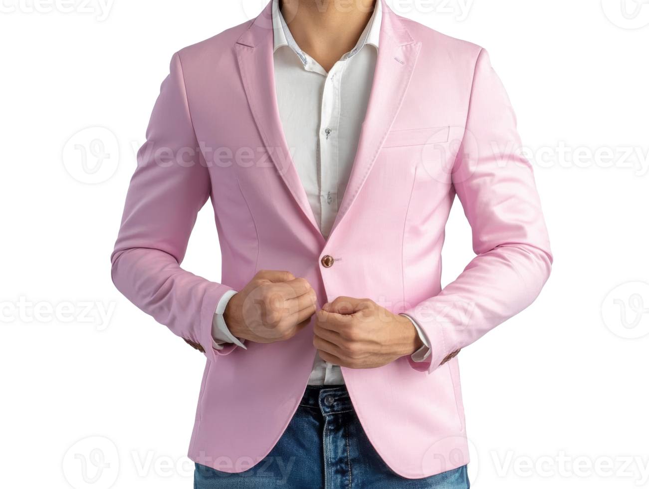 Stylish man adjusting pink blazer with blue jeans, transparent png