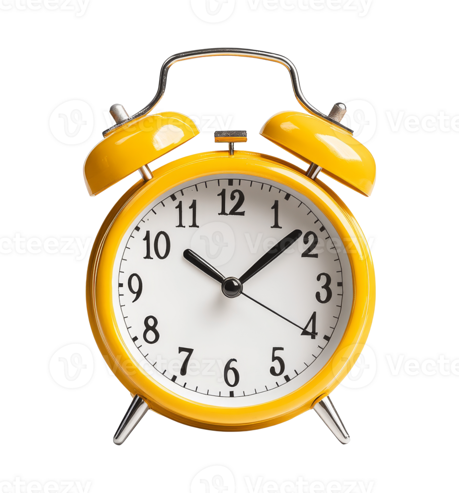 Classic yellow alarm clock showing time in daytime, transparent png