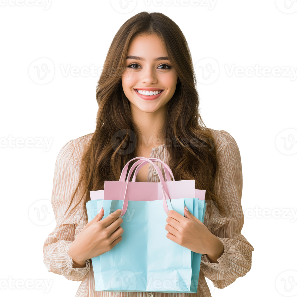 Happy woman holding colorful shopping bags indoors, transparent png