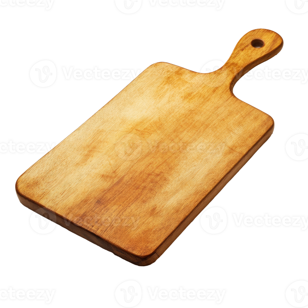 Wooden cutting board for kitchen use on a table, transparent png