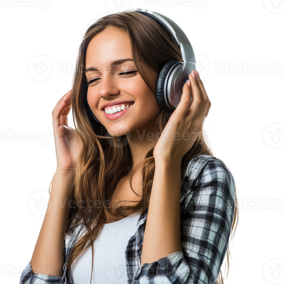 ung kvinna njuter musik med hörlurar på, transparent png