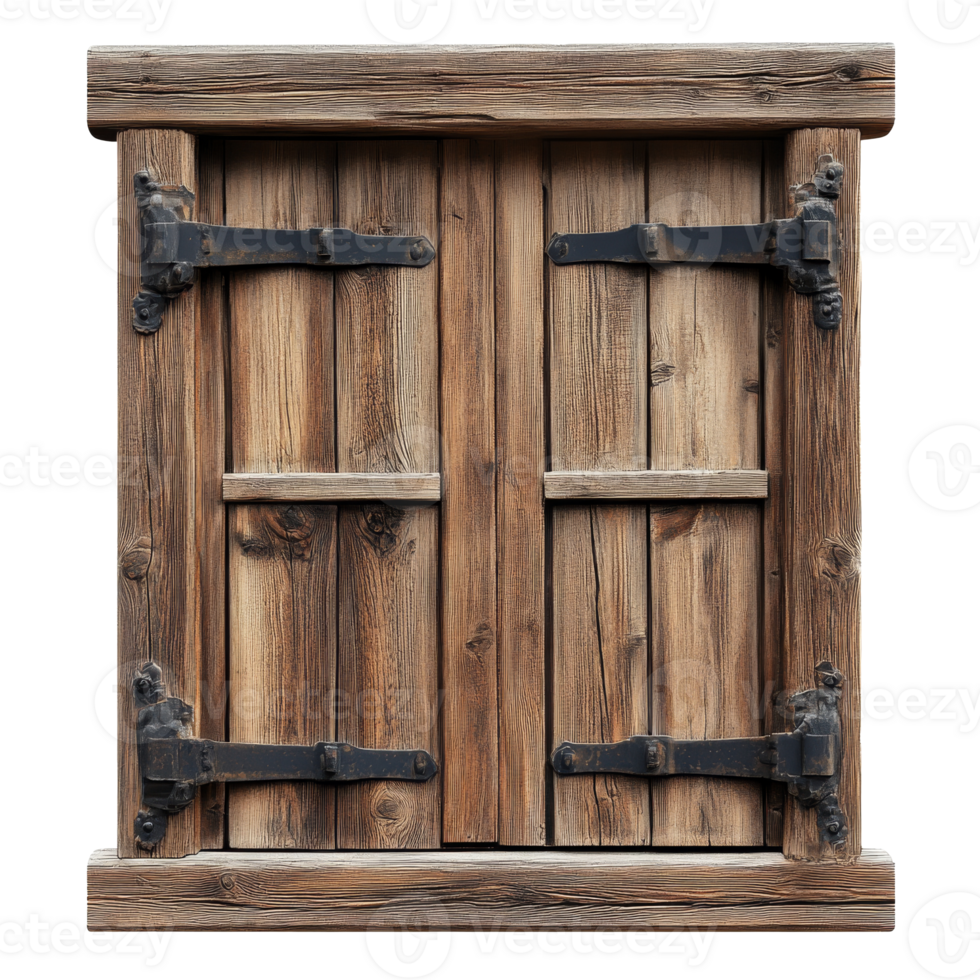 Wooden shutters with metal hardware on display, transparent png