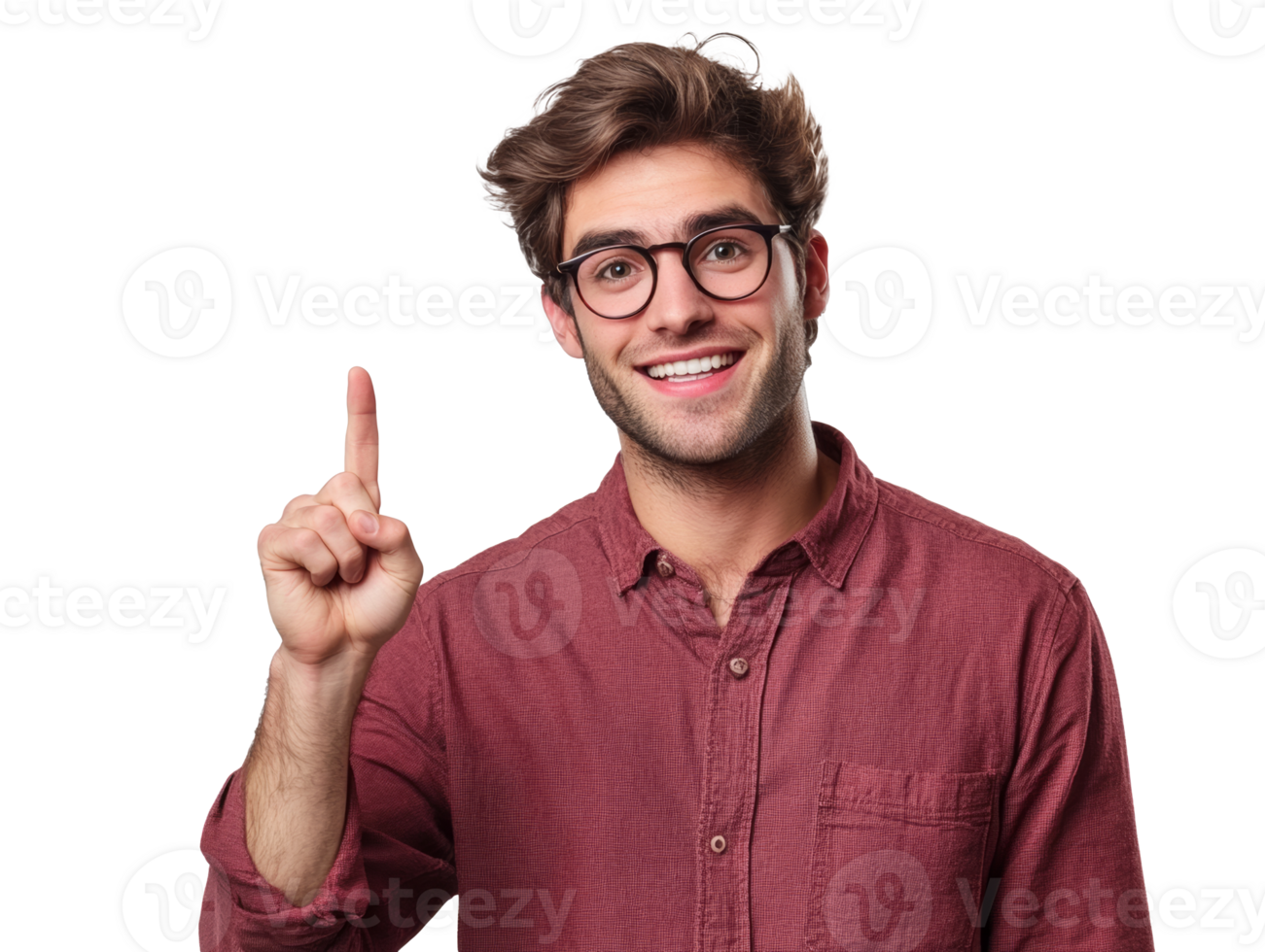 Young man smiling and raising a finger in a studio, transparent png