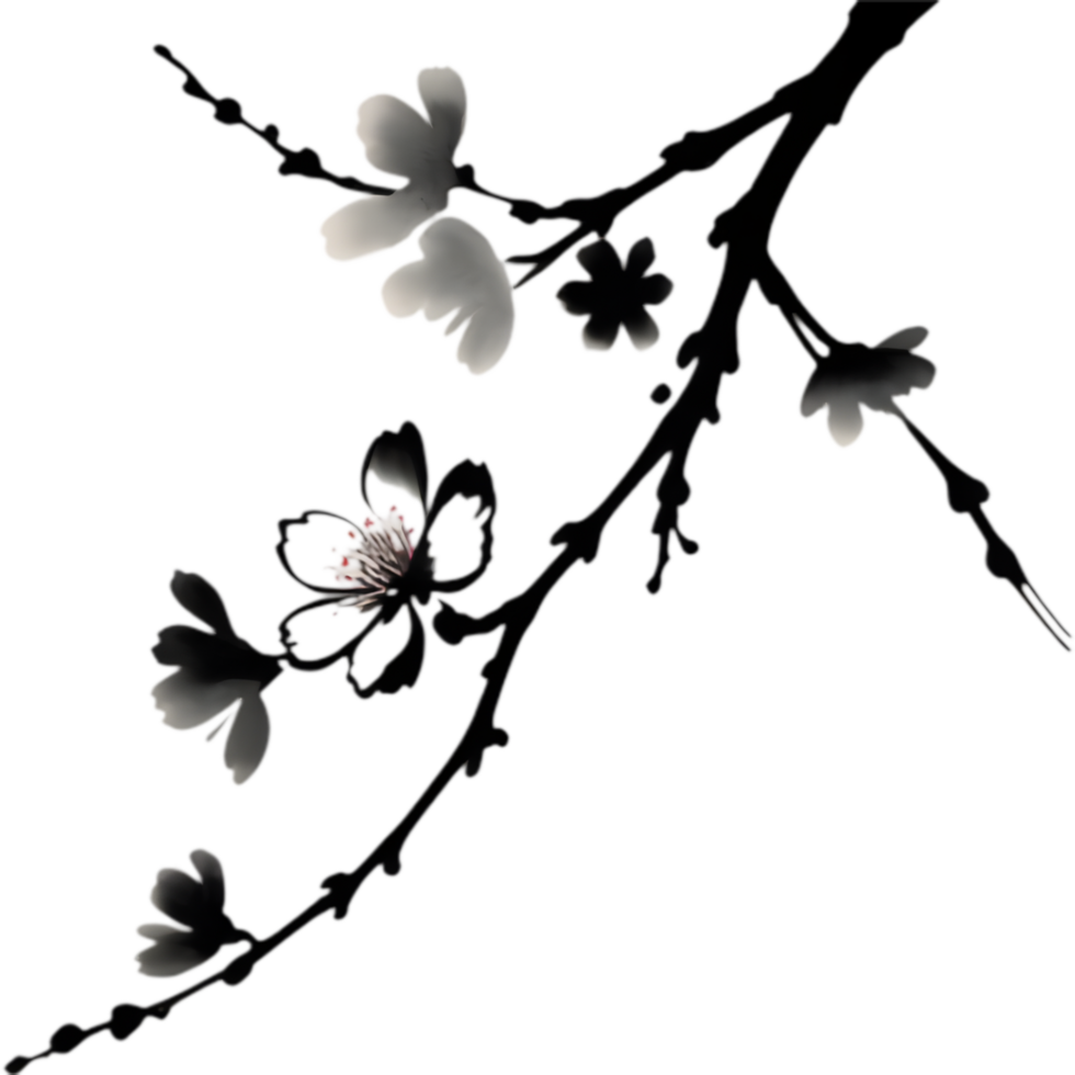 Evocative Cherry Blossom Black Ink Painting. . png