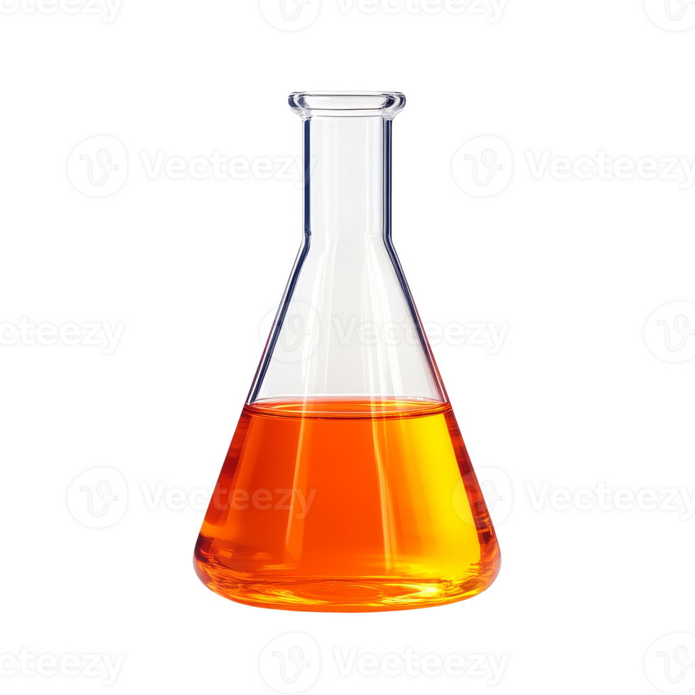 Laboratory flask with bright orange liquid at dusk isolated transparent background png