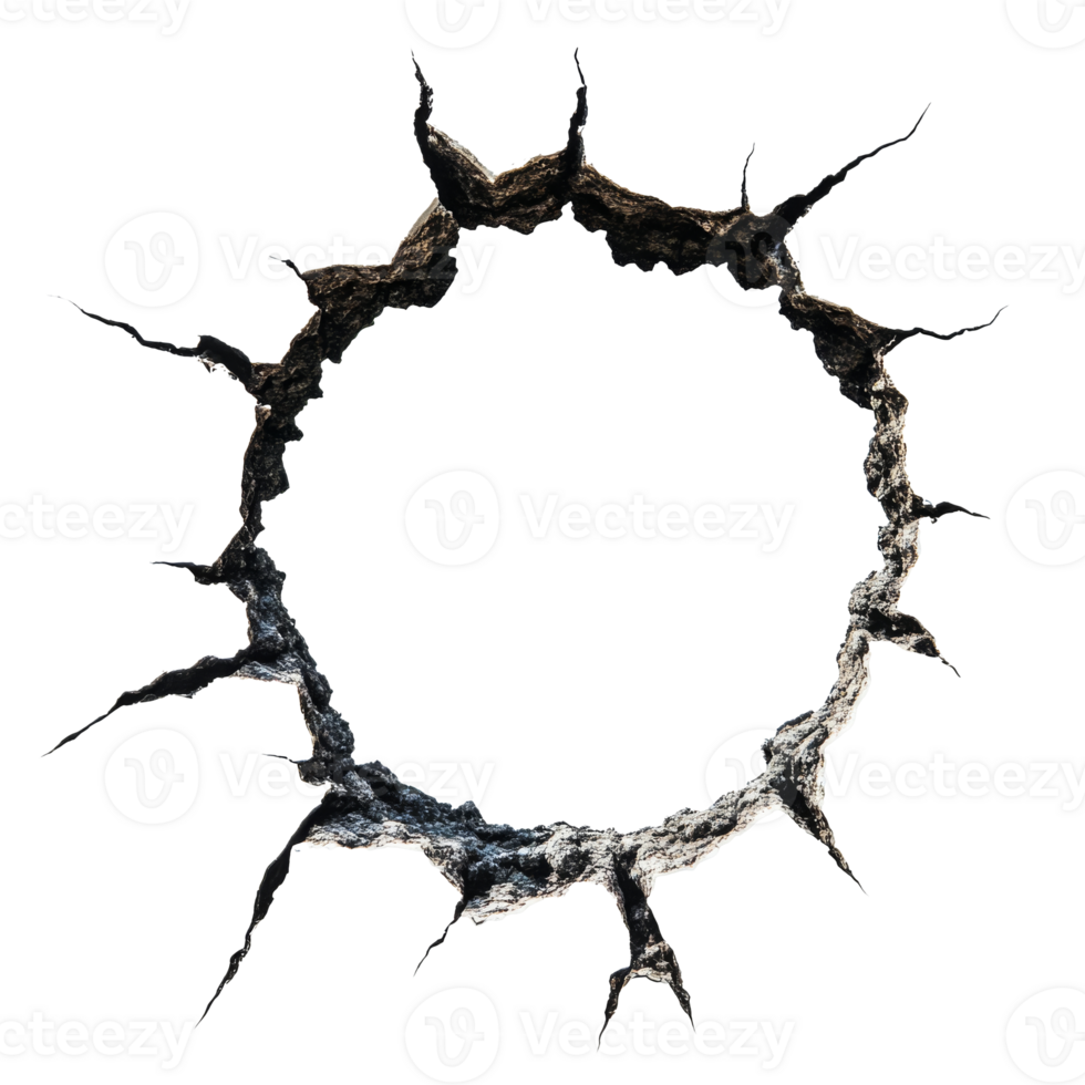 Circular crack in wall resembling a broken portal isolated transparent background png