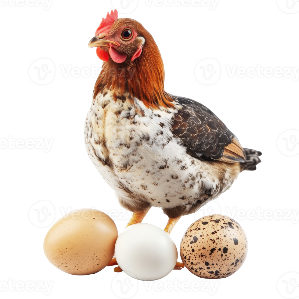 Hen standing beside eggs on white background isolated transparent background png