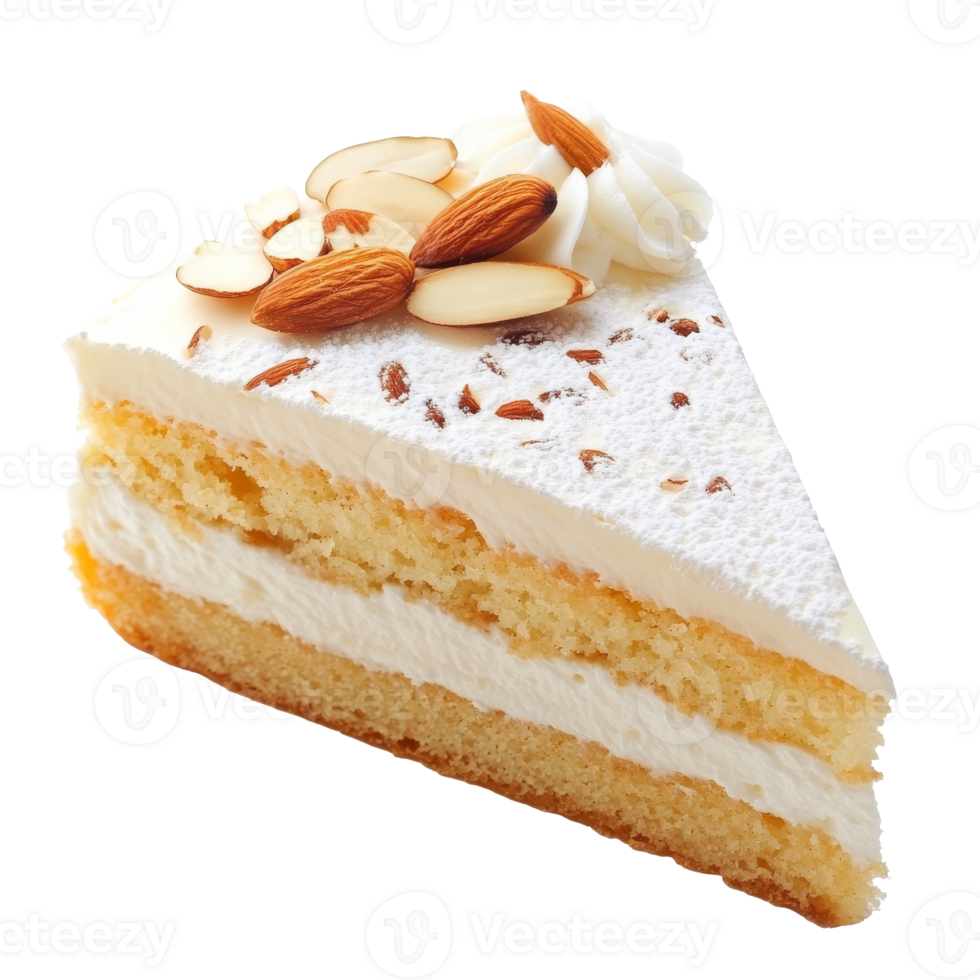 Delicious slice of almond cream cake with layers isolated transparent background png