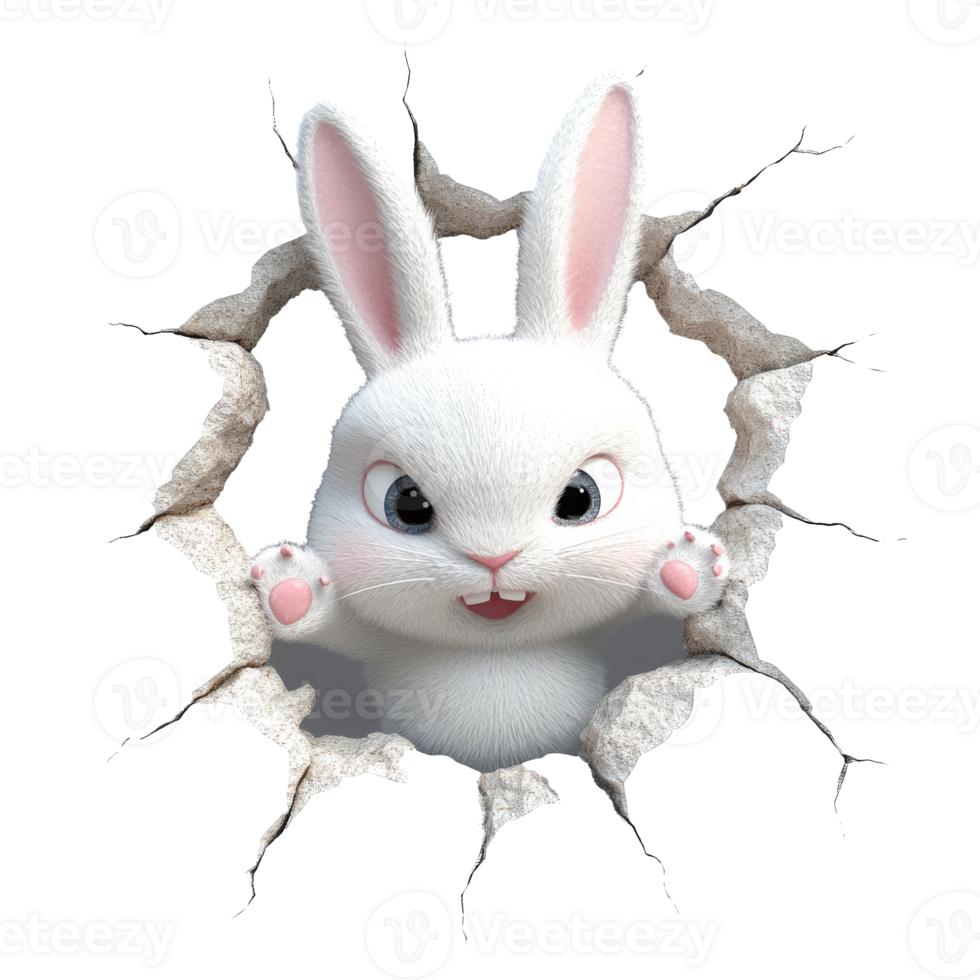 White rabbit bursting through wall in animated art isolated transparent background png