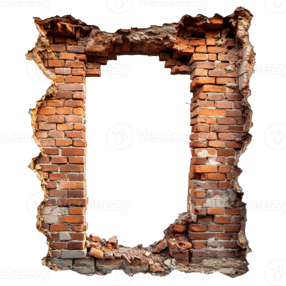 gebrochen Backstein Mauer mit ein leeren Rahmen Design isoliert transparent Hintergrund png