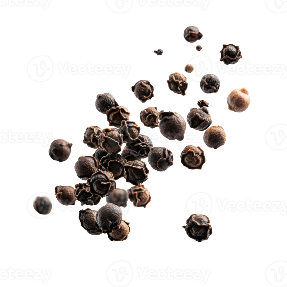 Black peppercorns in the air isolated transparent background png