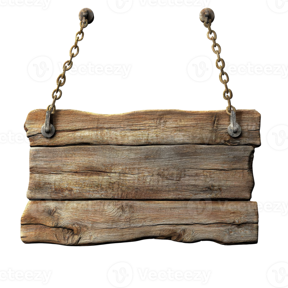Rustic wooden sign hanging from chains outdoors isolated transparent background png