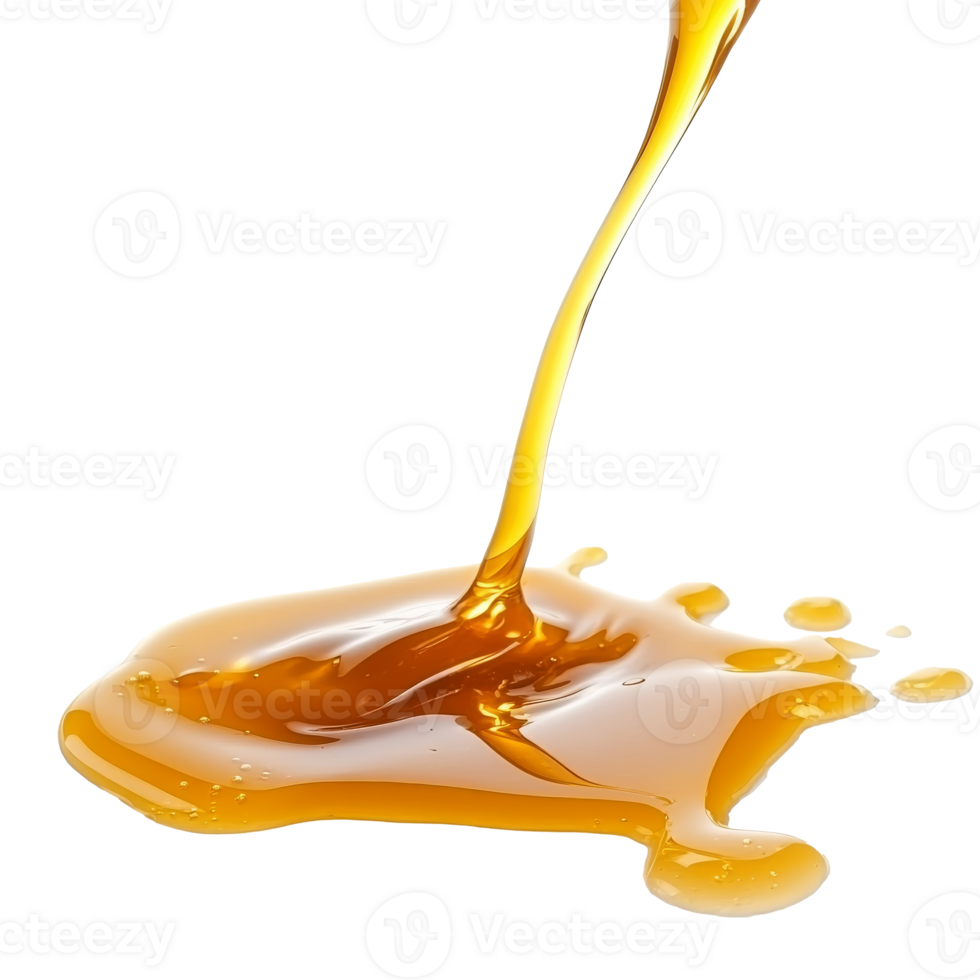Golden honey flowing from a spoon onto a surface isolated transparent background png