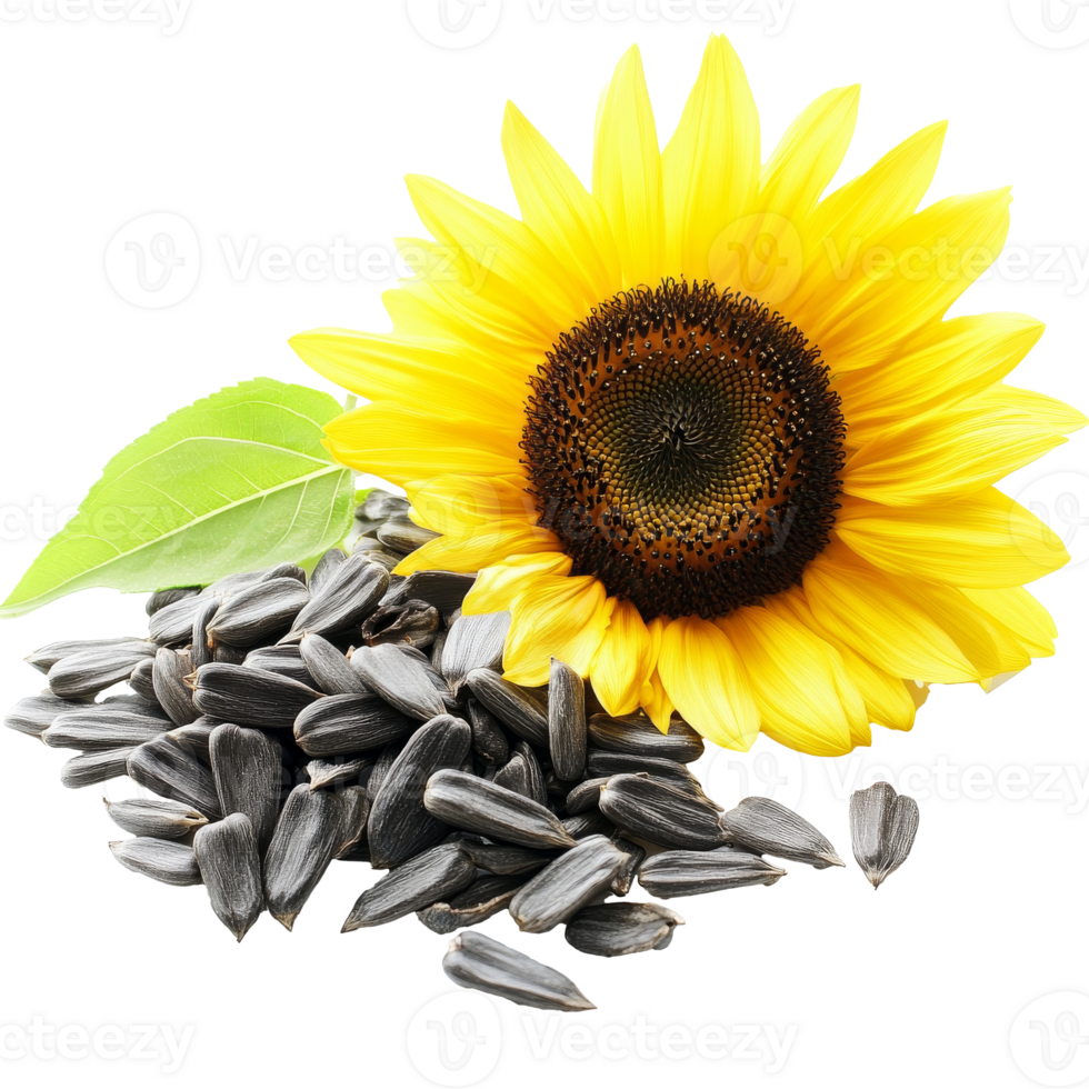 Sunflower with seeds and green leaves isolated transparent background png