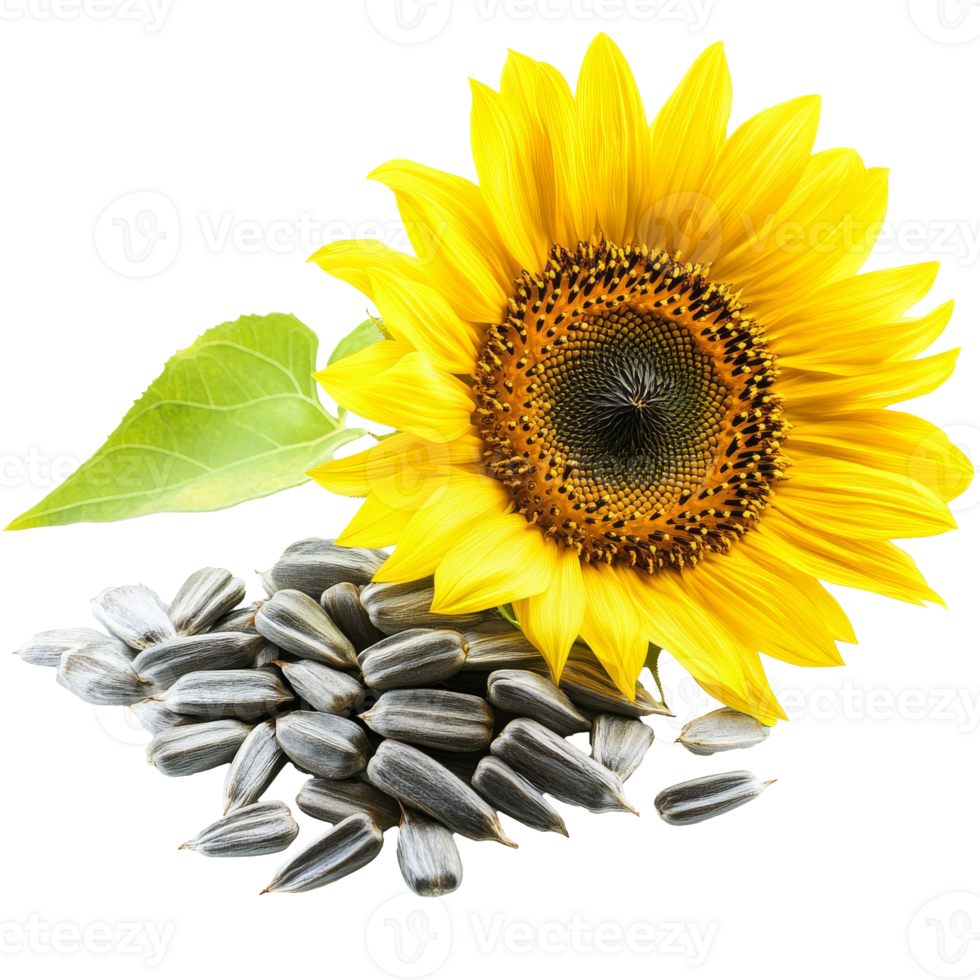 Sunflower next to sunflower seeds isolated transparent background png