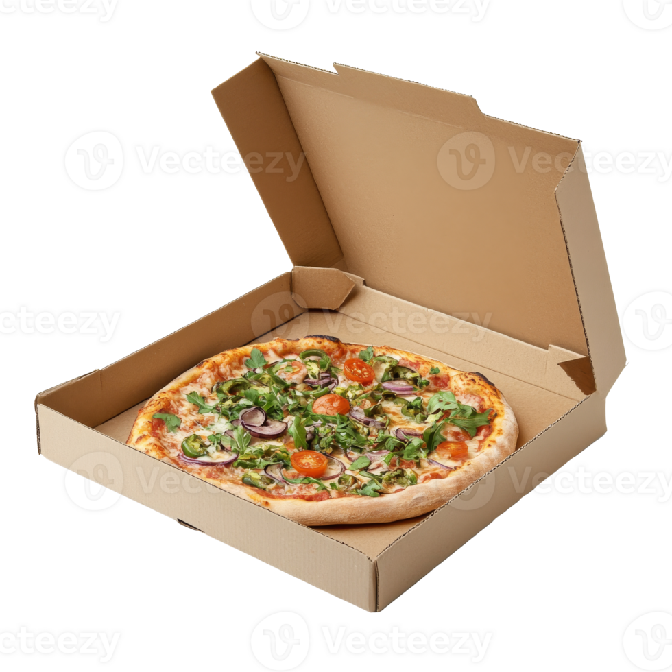 Freshly made vegetable pizza in an open box isolated transparent background png