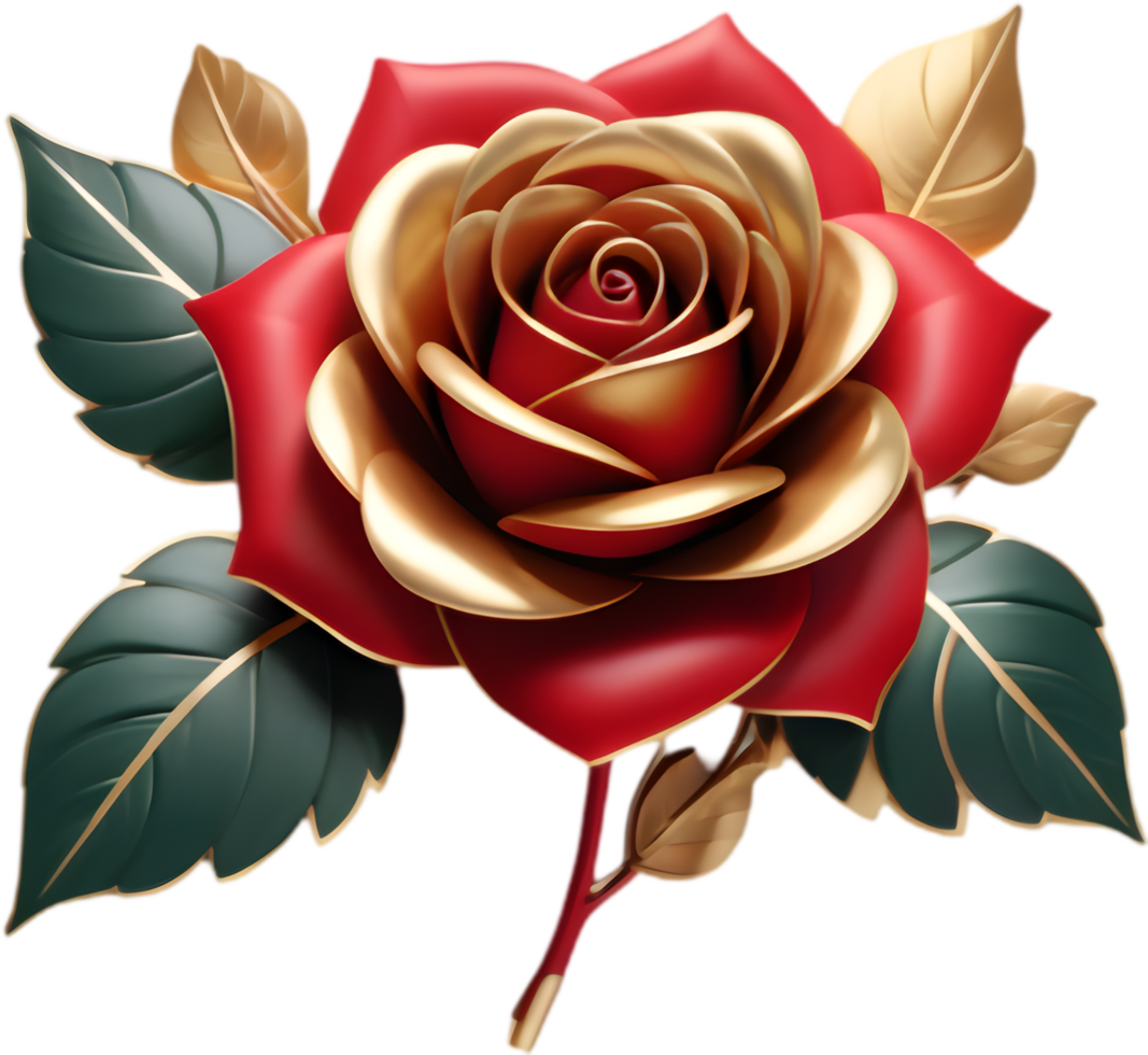 Radiant 3D Red Rose Logo, Gold-Edged Leaves. . png