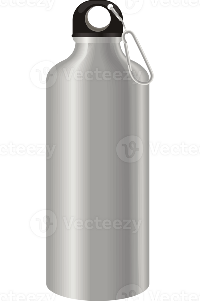 A silver water bottle with a black handle png