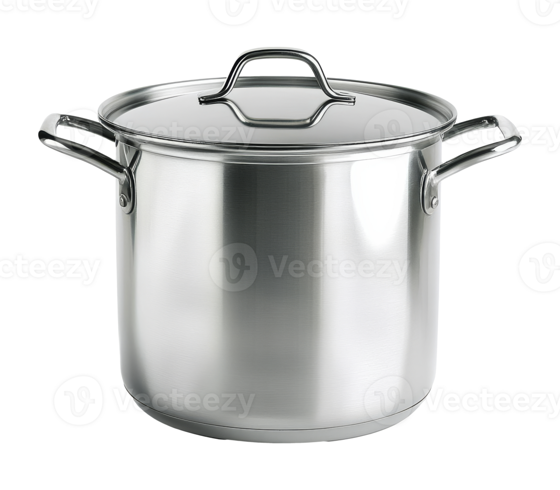 Stainless steel pot with lid on surface isolated transparent background png