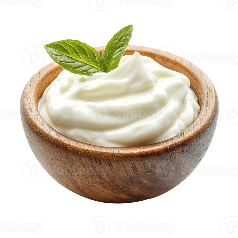 Creamy yogurt served in a rustic wooden bowl isolated transparent background png
