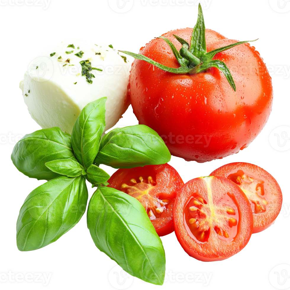 fresco pomodori e basilico con Mozzarella formaggio isolato trasparente sfondo png