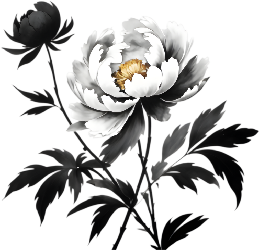 Elegant Black Silhouette of Peony Flower Art. . png
