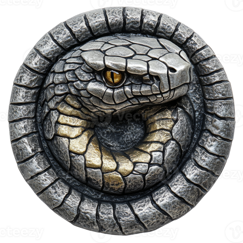 Metal snake in intricate circular design isolated transparent png