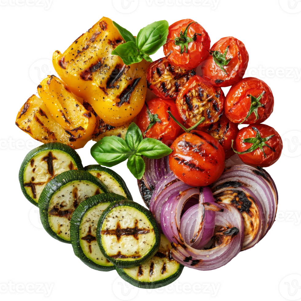Grilled vegetables on a plate with fresh basil isolated transparent png