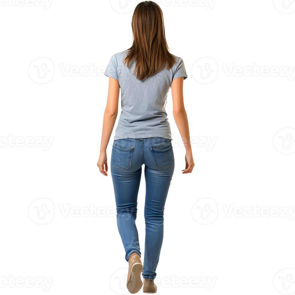 Young woman walking away in casual outfit isolated transparent png