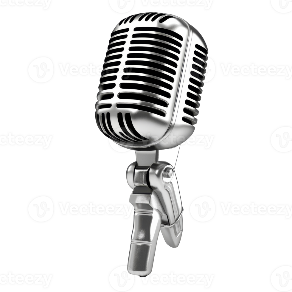 Vintage microphone on a stand displayed indoors isolated transparent png