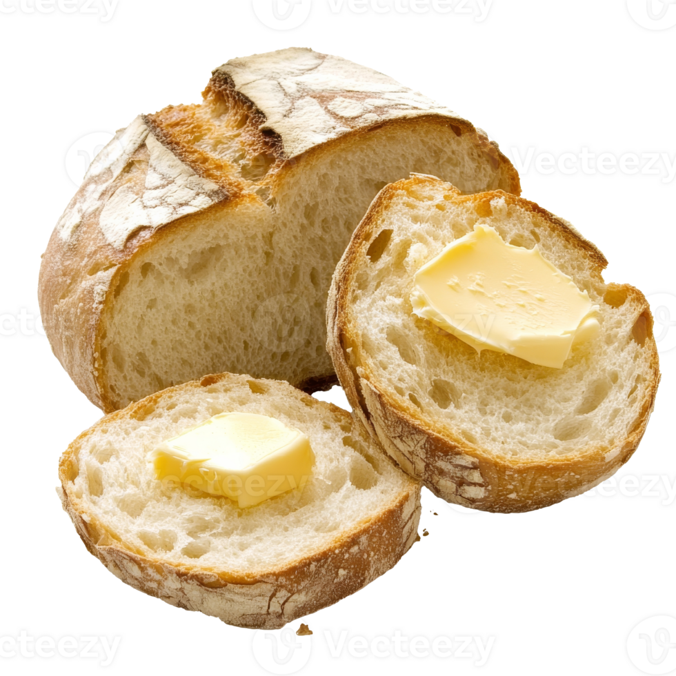 Freshly baked bread with butter on a rustic table isolated transparent png