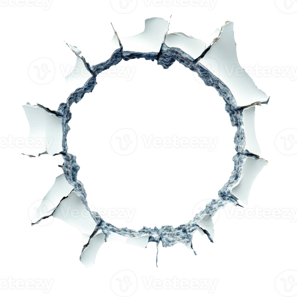 Circular hole in a white wall showing rough edges isolated transparent png