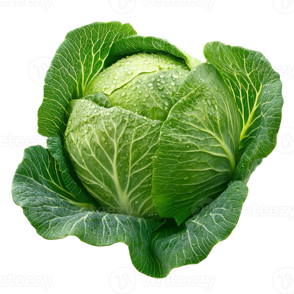 Fresh green cabbage with water droplets and leaves isolated transparent png
