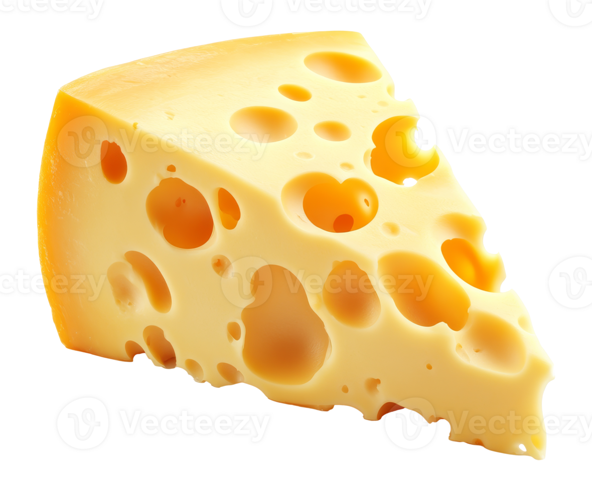 Delicious Swiss cheese wedge with visible holes isolated transparent png