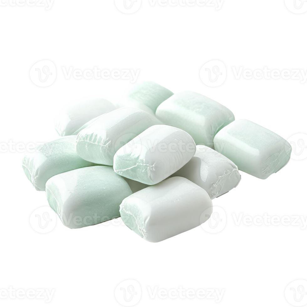 Chewing gum pieces displayed on a white surface isolated transparent png