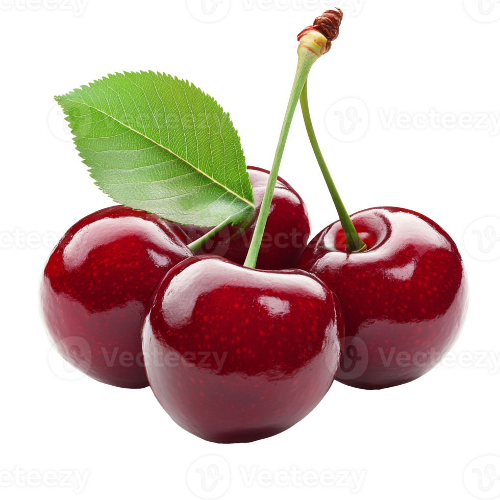 Vivid cherries and green leaves on white isolated transparent png
