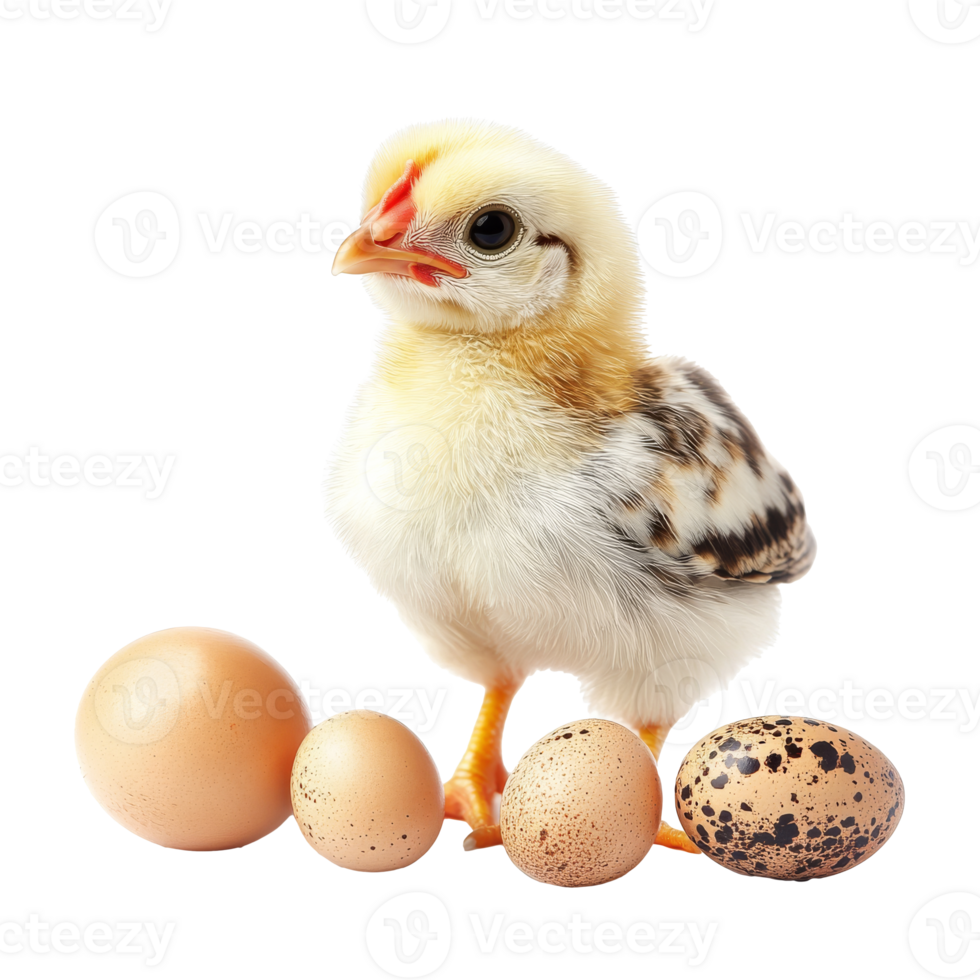 Chick next to eggs on white background isolated transparent png